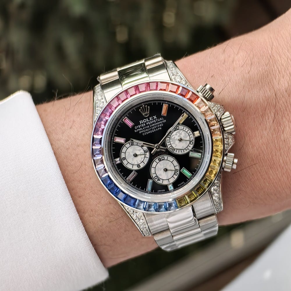 rolex daytona rainbow silver 40mm automatic watch