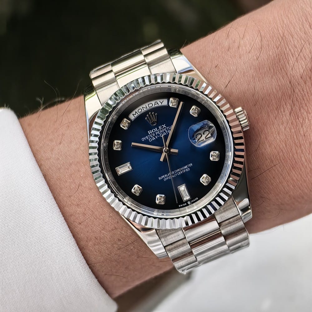 rolex day-date 40mm automatic watch - blue dial