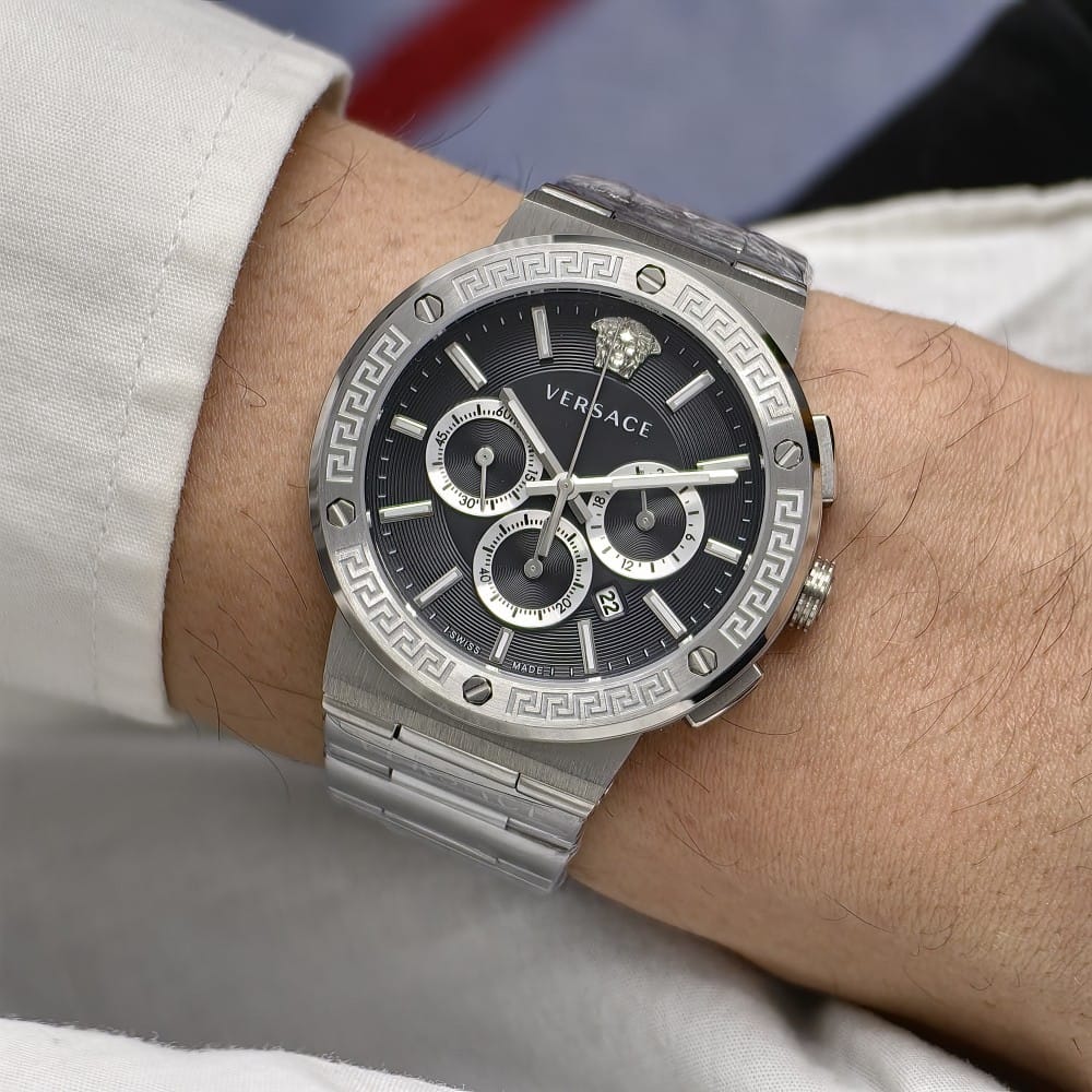 versace silver black dial watch - 43mm