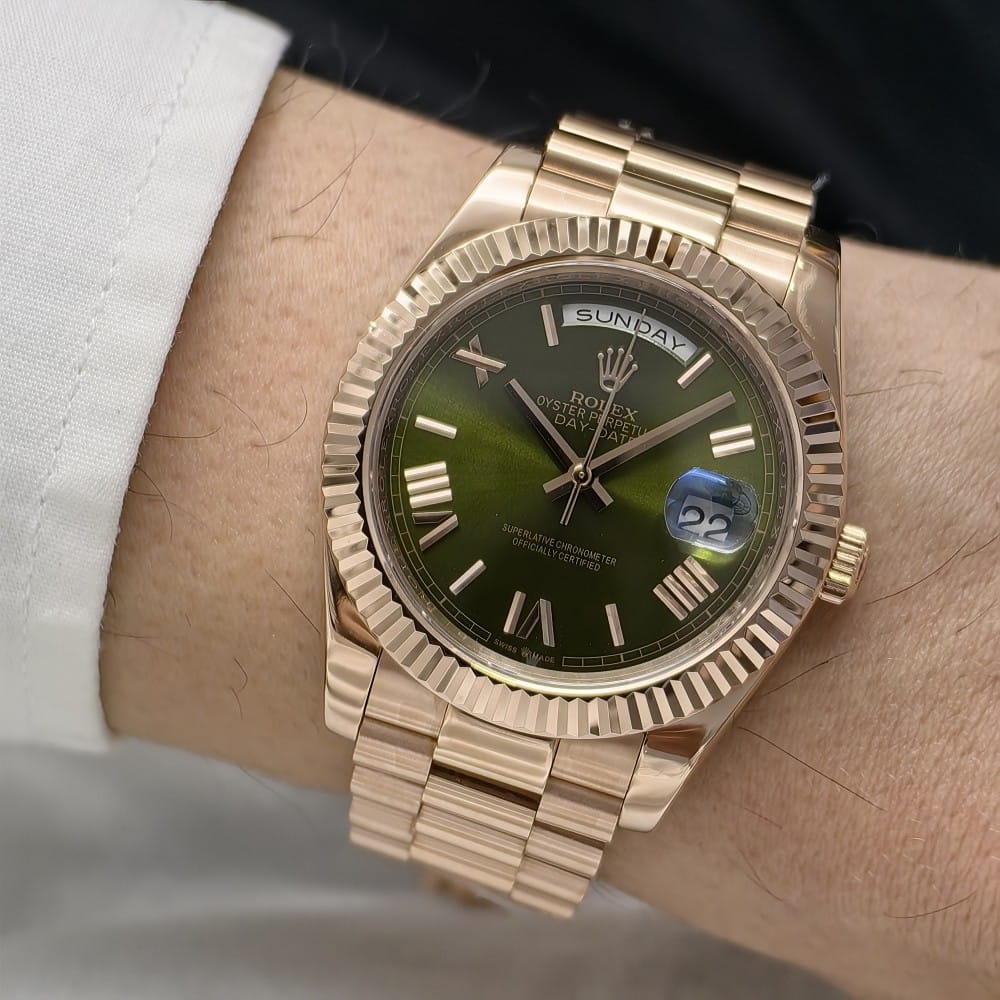 rolex day-date 34 rose gold green dial