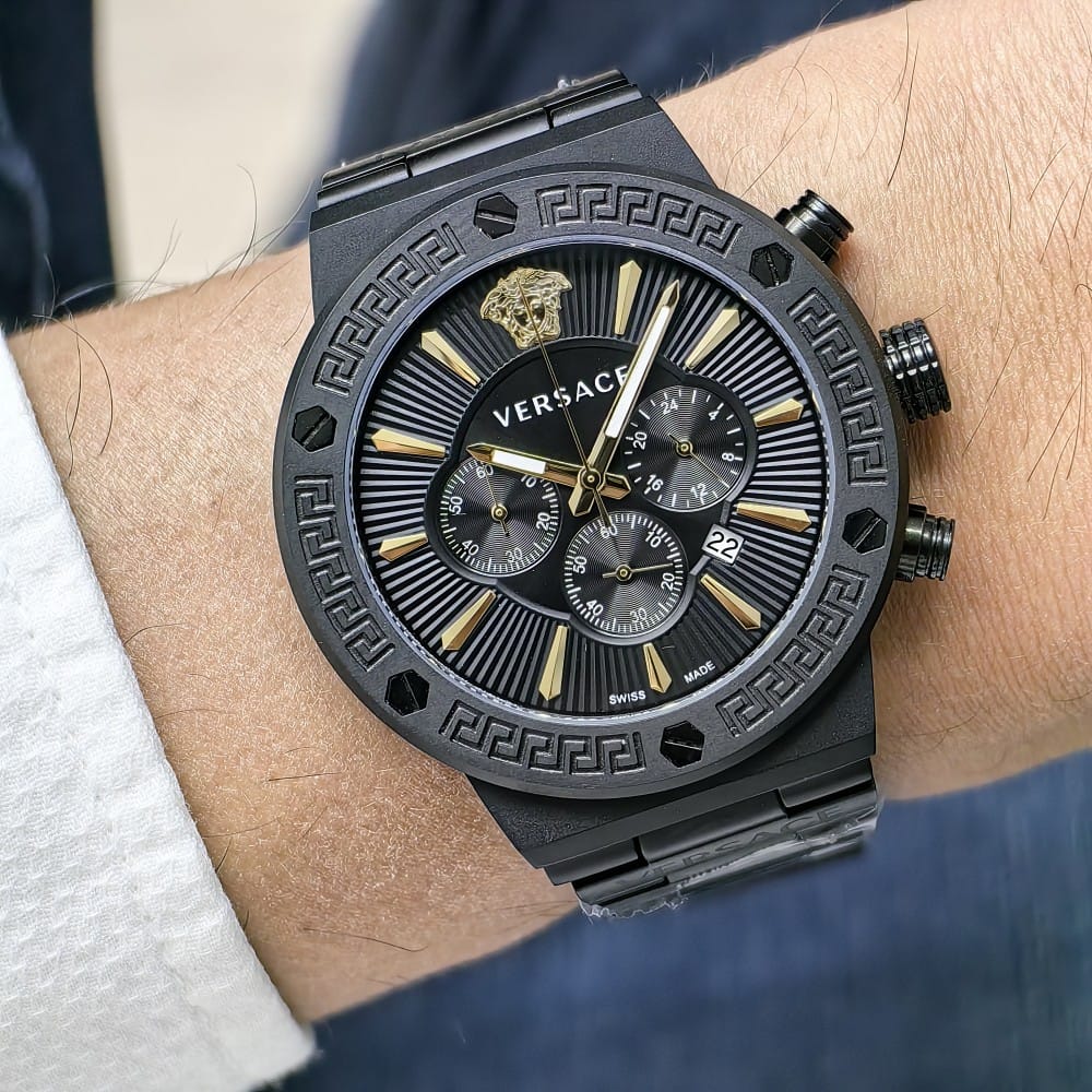 versace full black gold detail 44mm watch