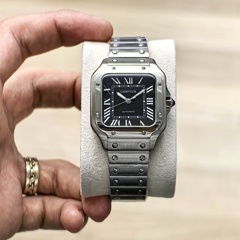 cartier santos 35mm silver black automatic watch - Image 3