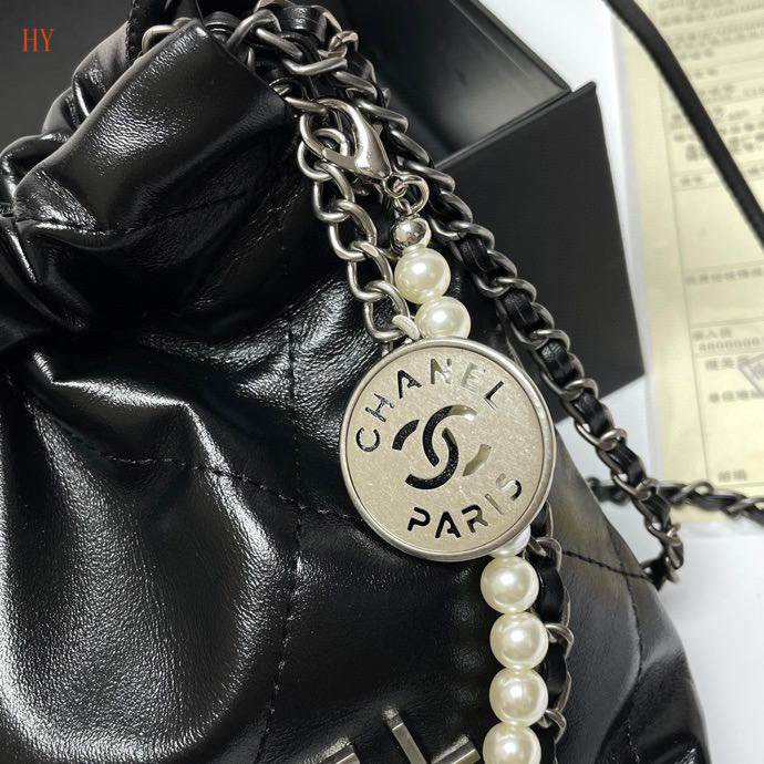 chanel black drawstring bag with pearl chain - Image 3