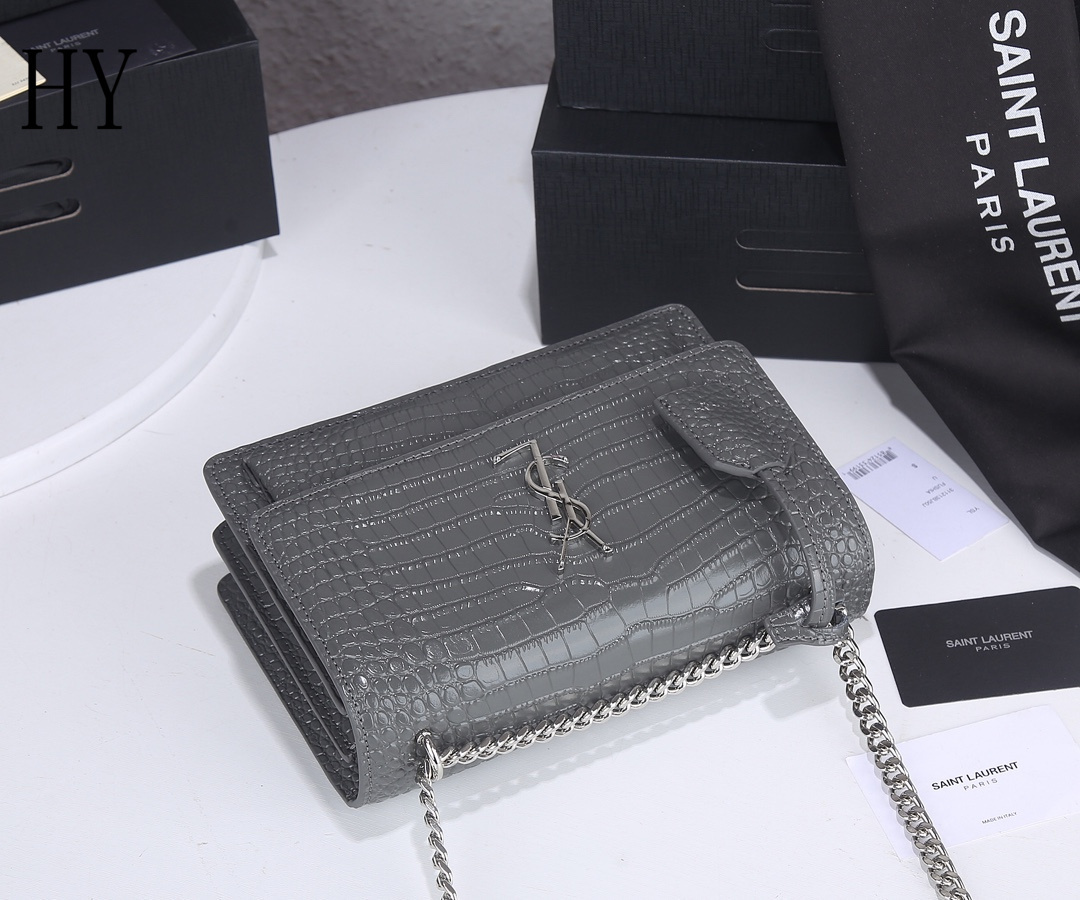 yves saint laurent croc-embossed gray leather bag - 22x16x8 - Image 4