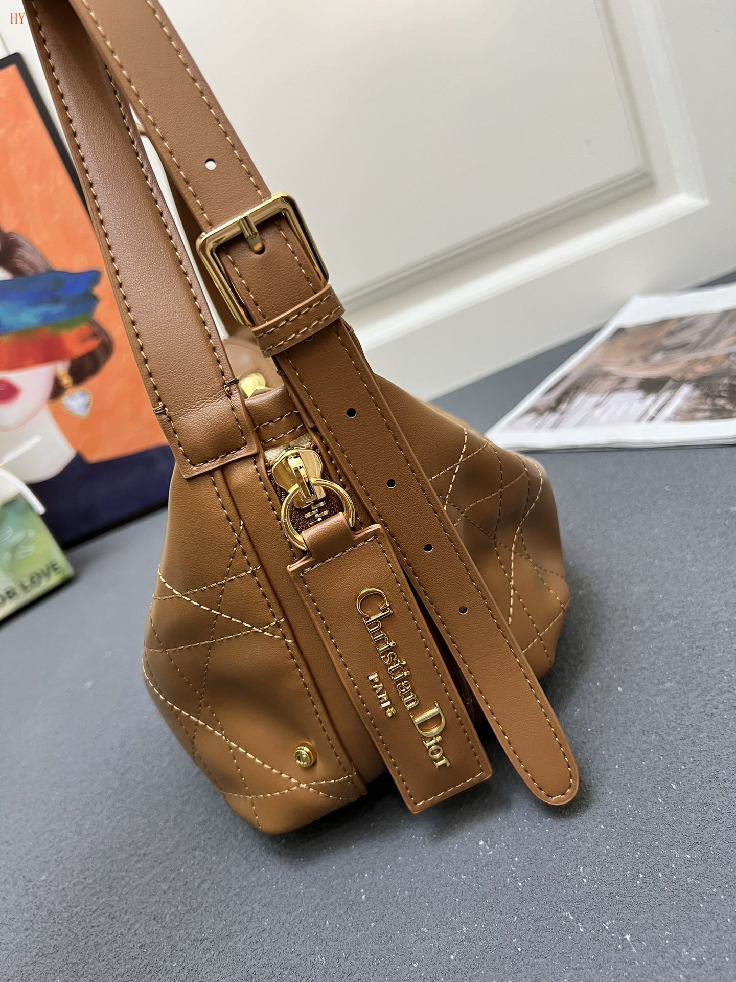 dior brown leather handbag 33x16x15 cm - Image 5