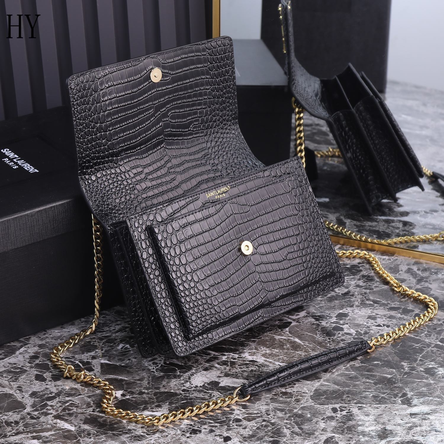yves saint laurent black croc-embossed bag - 22x16x8 cm - Image 5