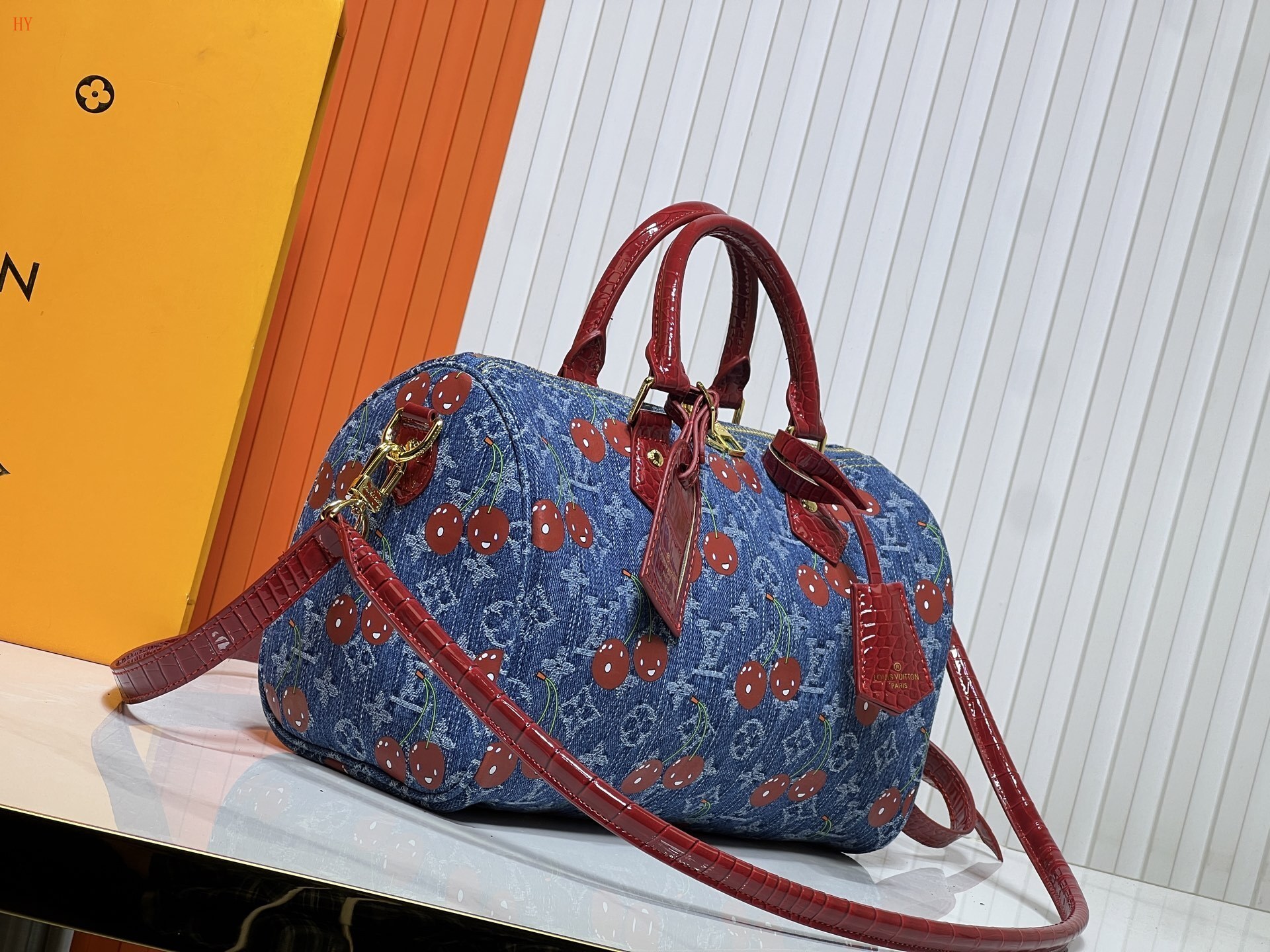 louis vuitton cherry denim handbag 30*21*17 - Image 6