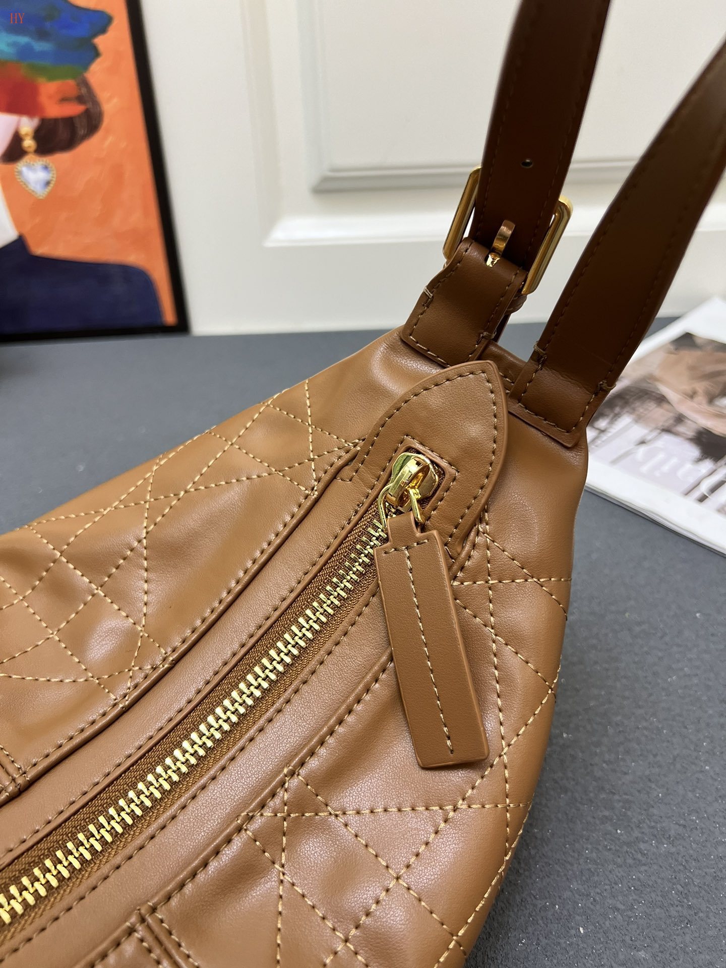 dior brown leather handbag 33x16x15 cm - Image 6