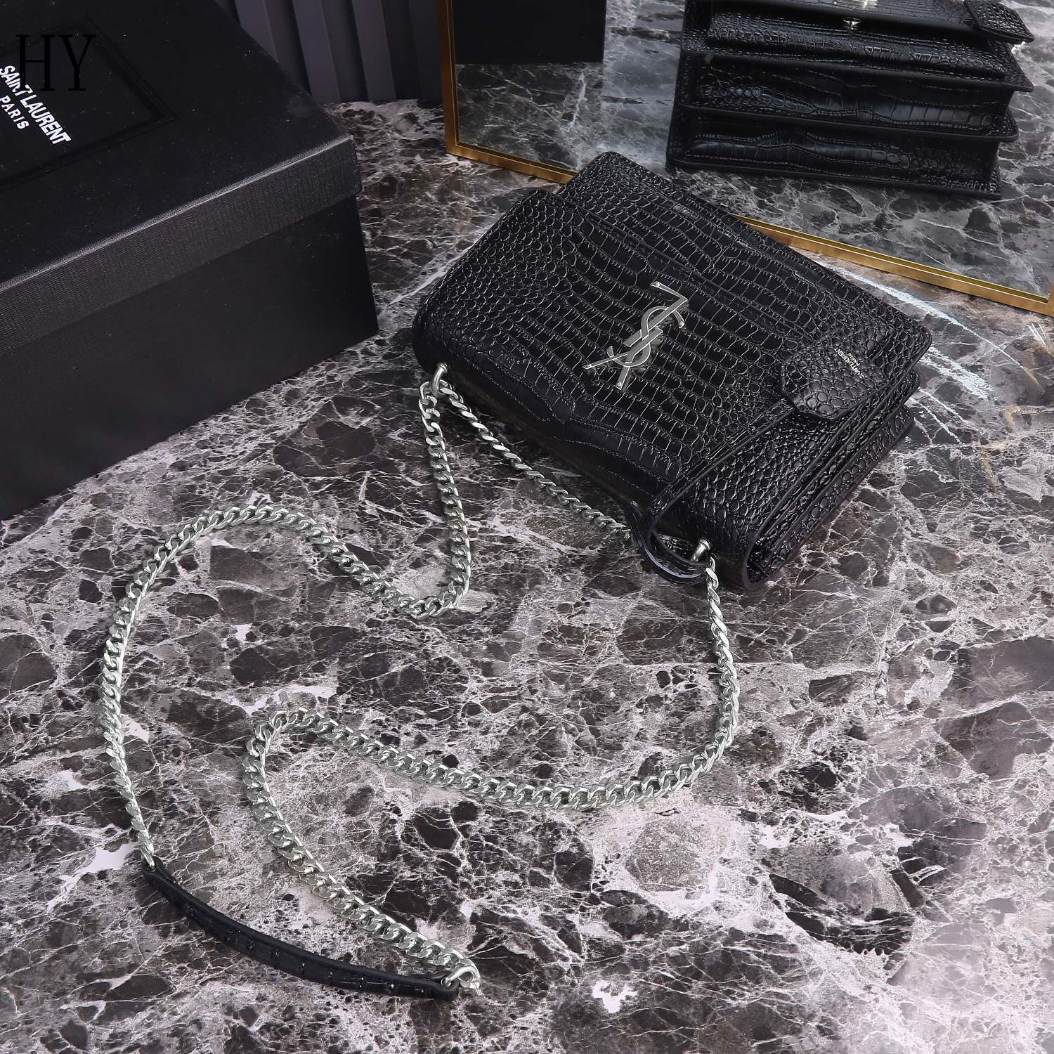 yves saint laurent black crocodile-effect bag 22x16x8 - Image 6