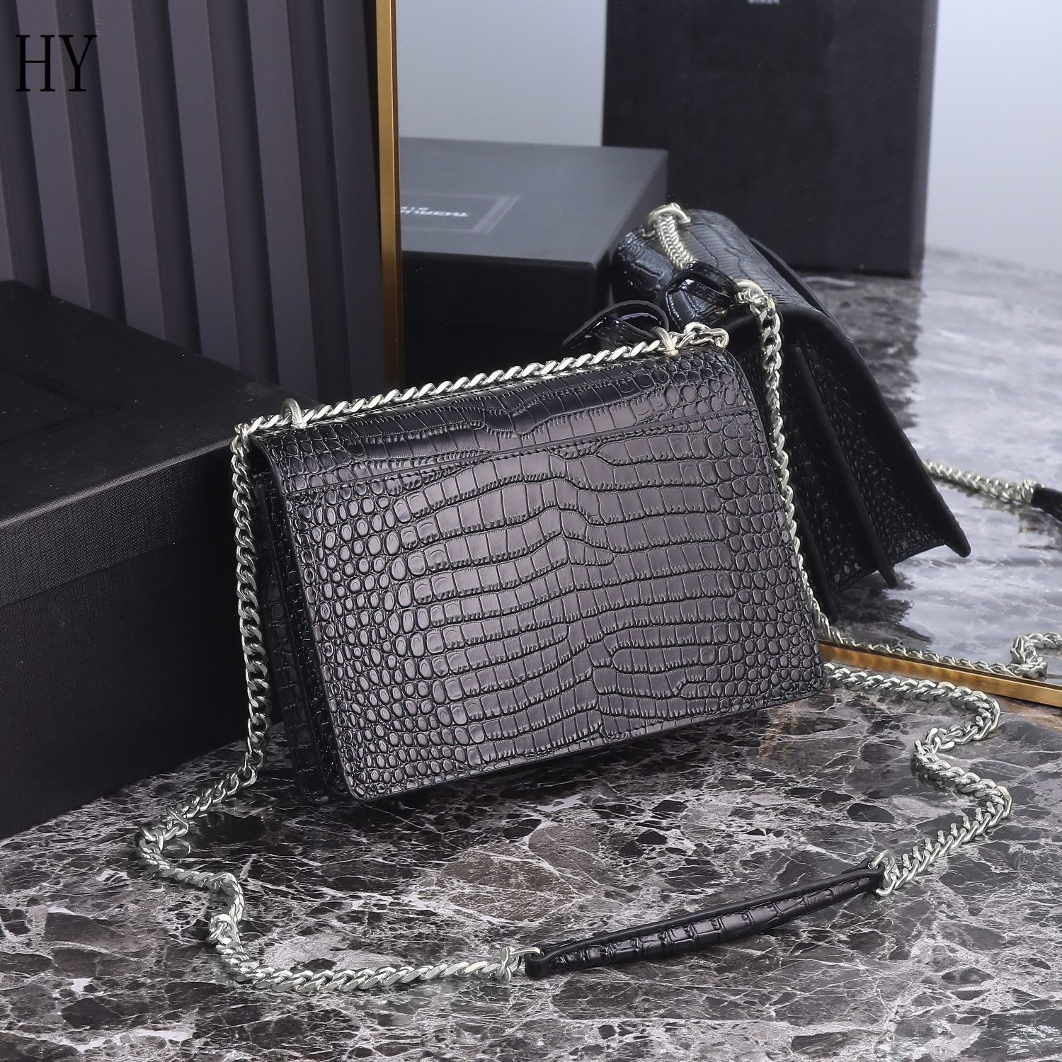 yves saint laurent black crocodile-effect bag 22x16x8 - Image 7