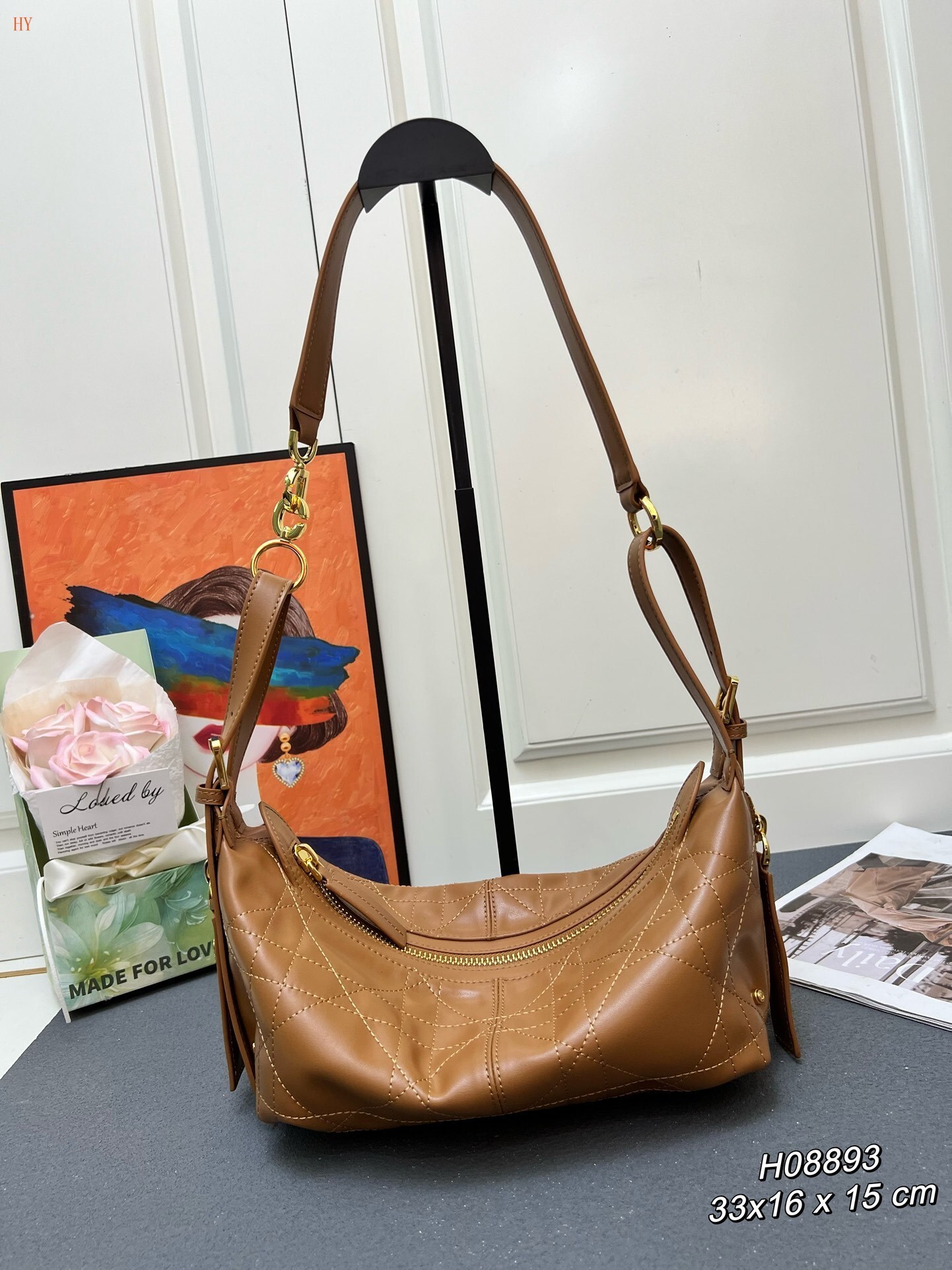 dior brown leather handbag 33x16x15 cm