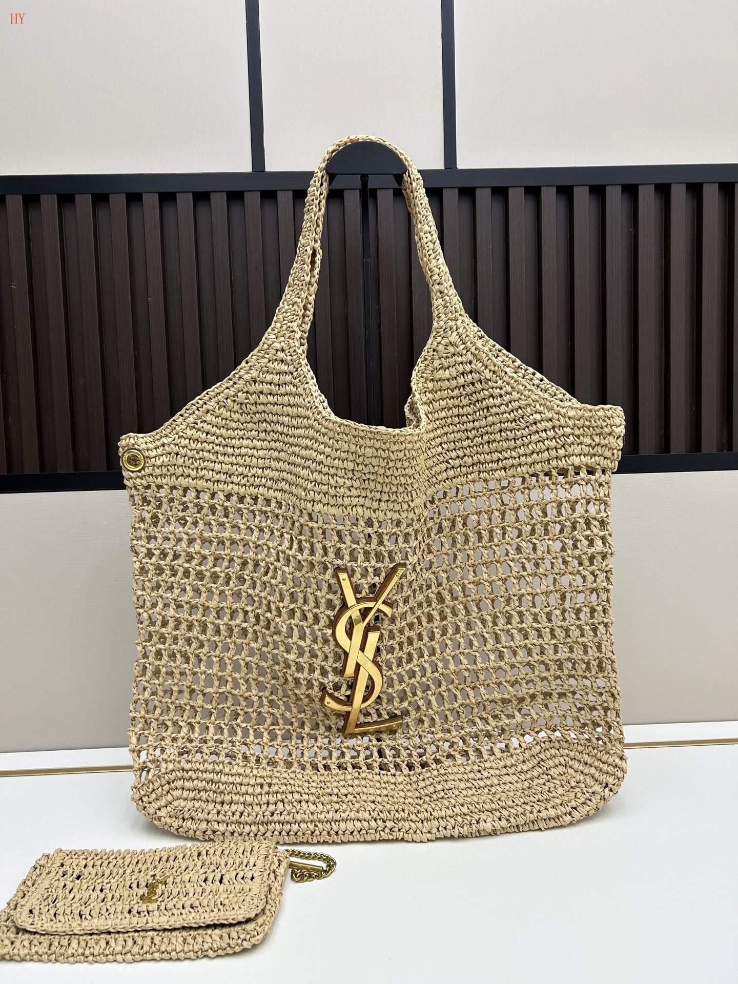 yves saint laurent woven tote bag with pouch