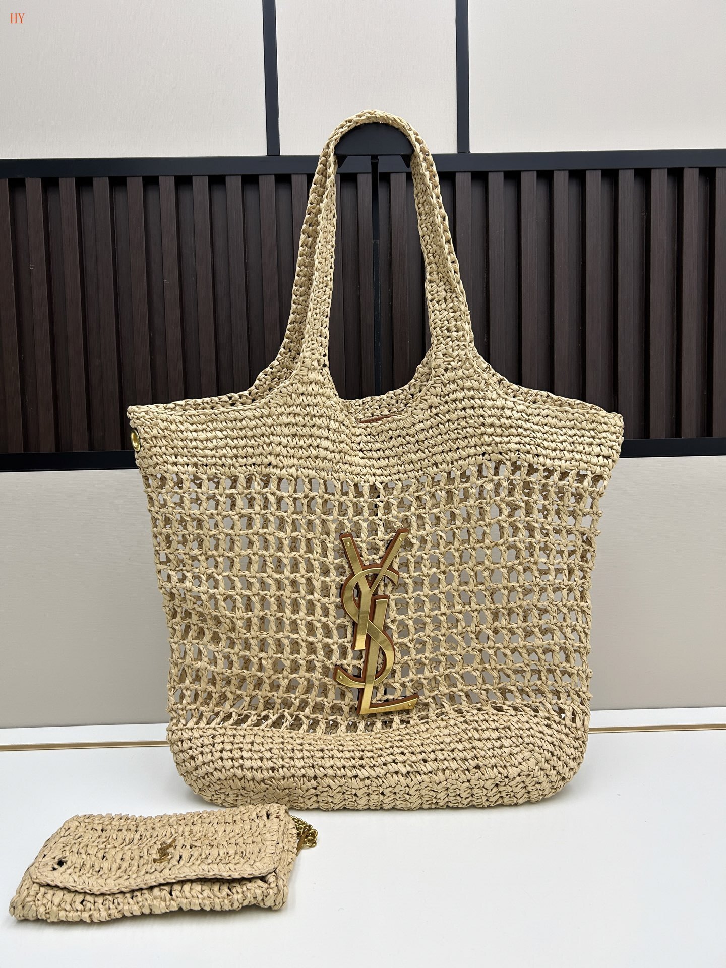 yves saint laurent woven tote bag with pouch