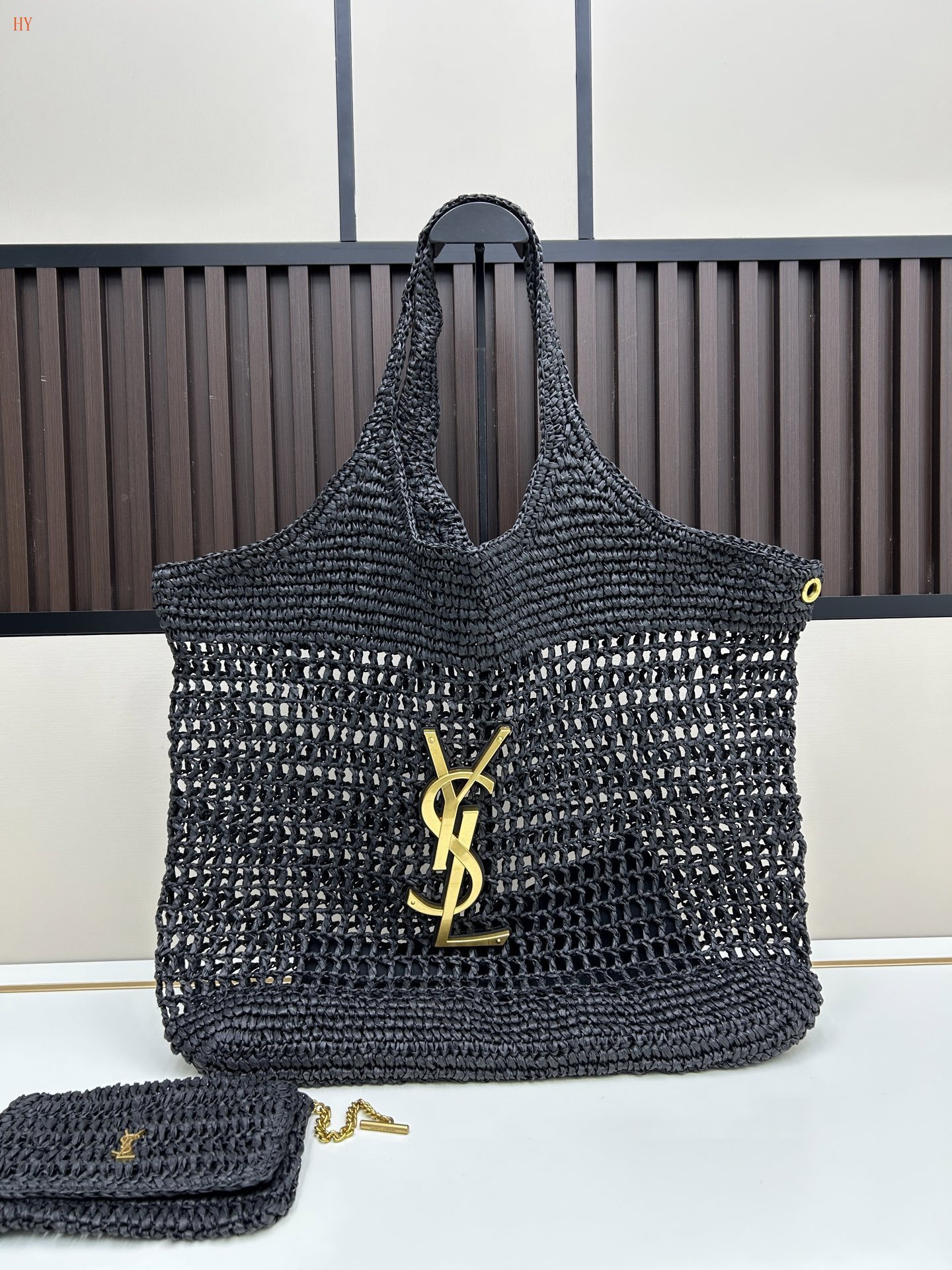 yves saint laurent black woven tote bag with gold logo