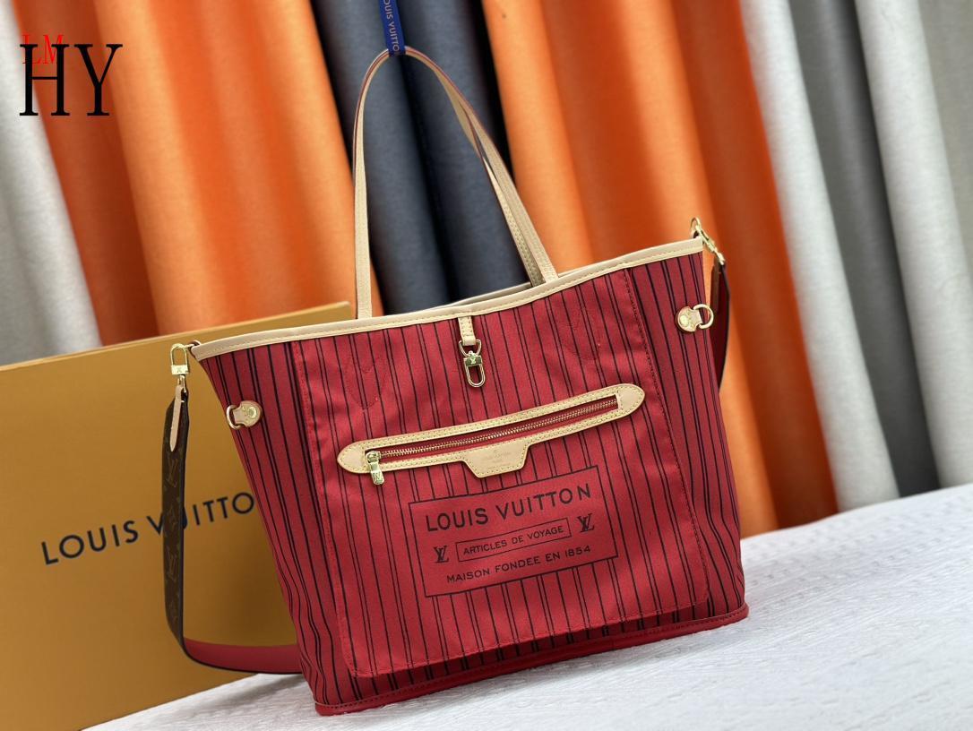 louis vuitton red striped tote bag - 31x28x14 cm