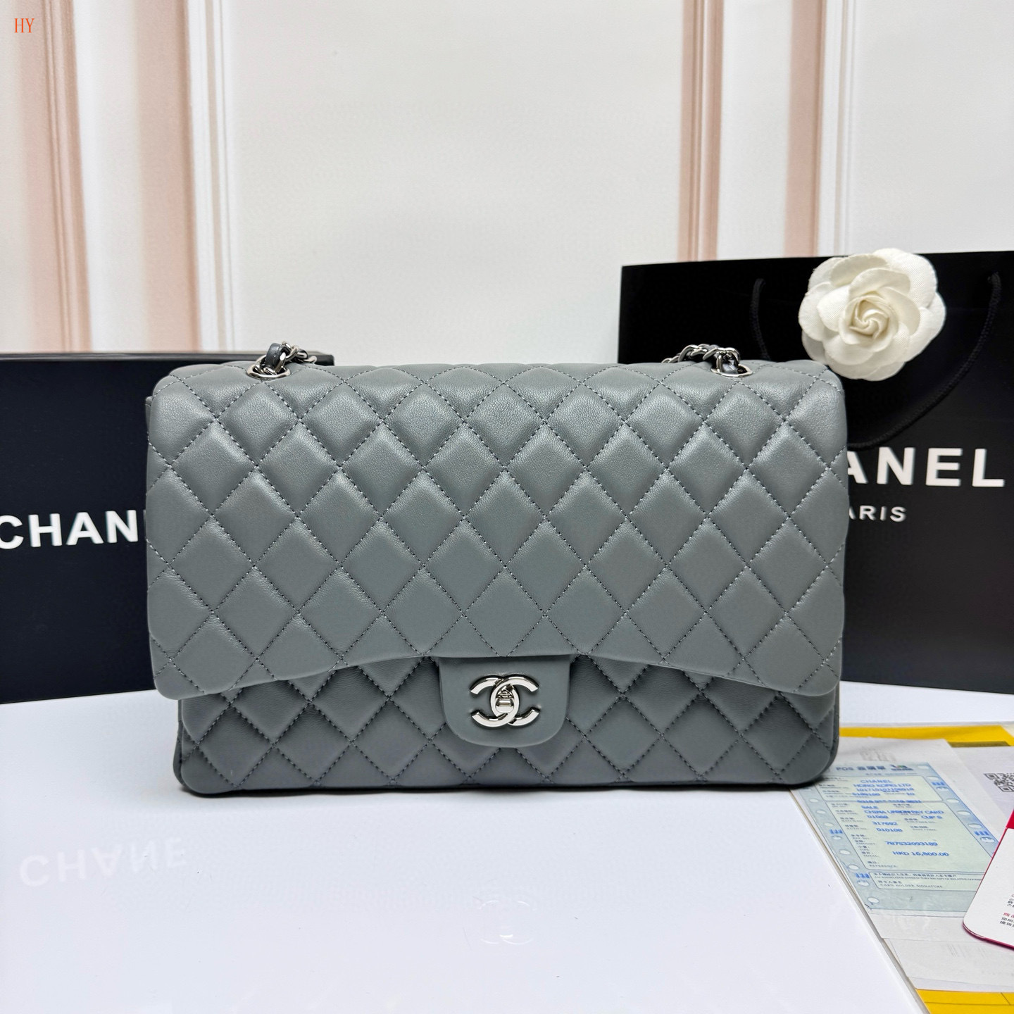 chanel quilted gray handbag 33*22*9.2