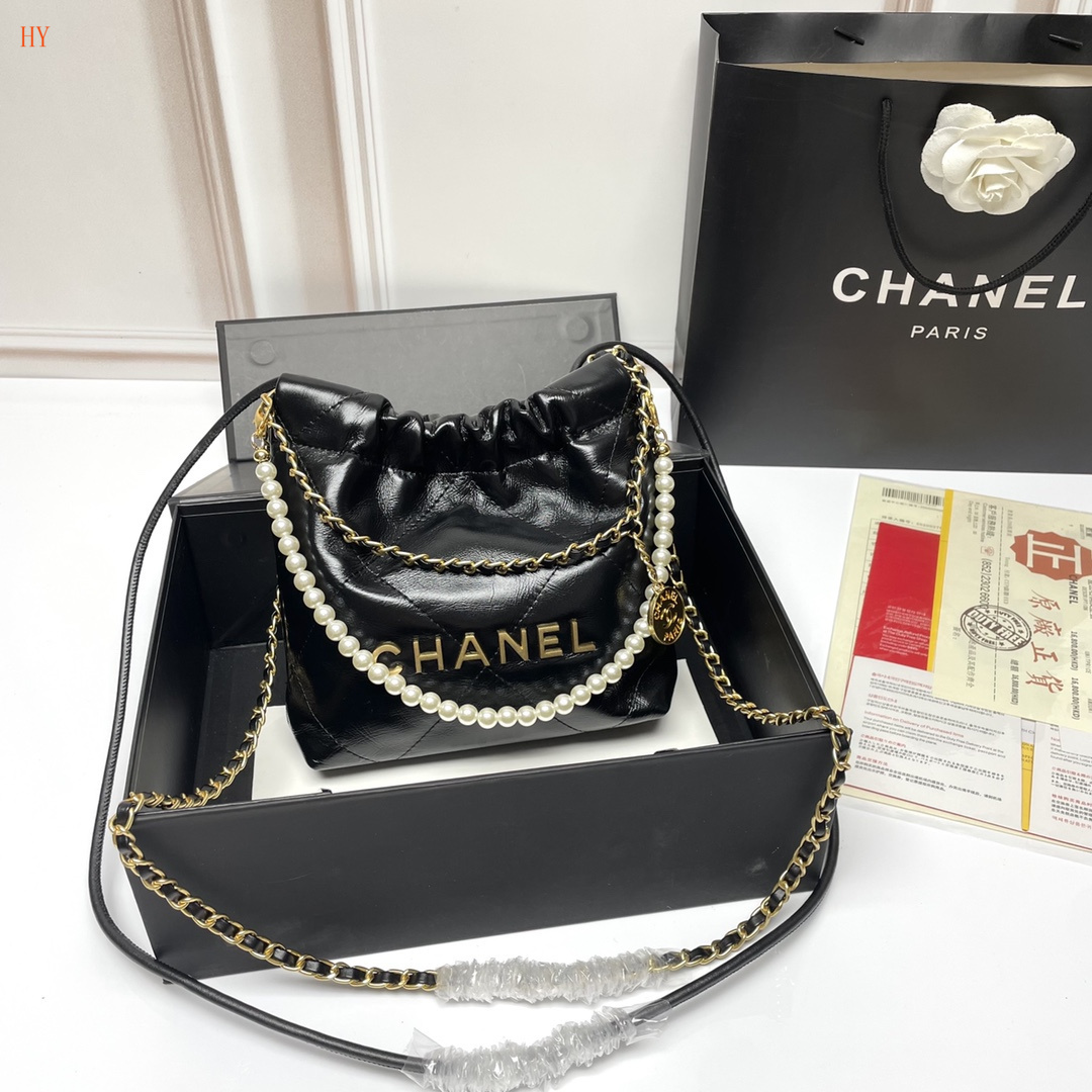 chanel black pearl chain drawstring bag - model 2325042