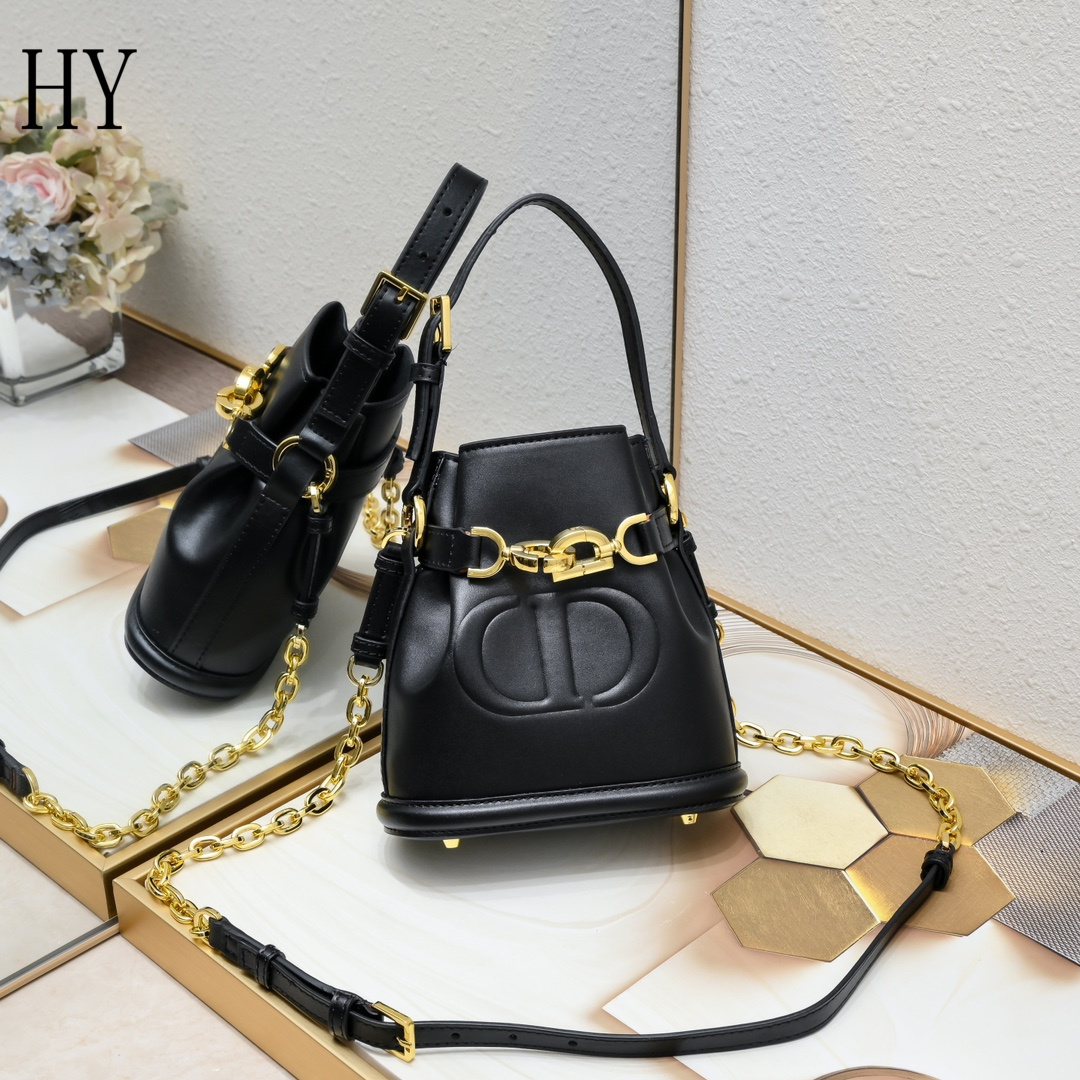 dior black bucket bag with gold accents - 17x7x18cm