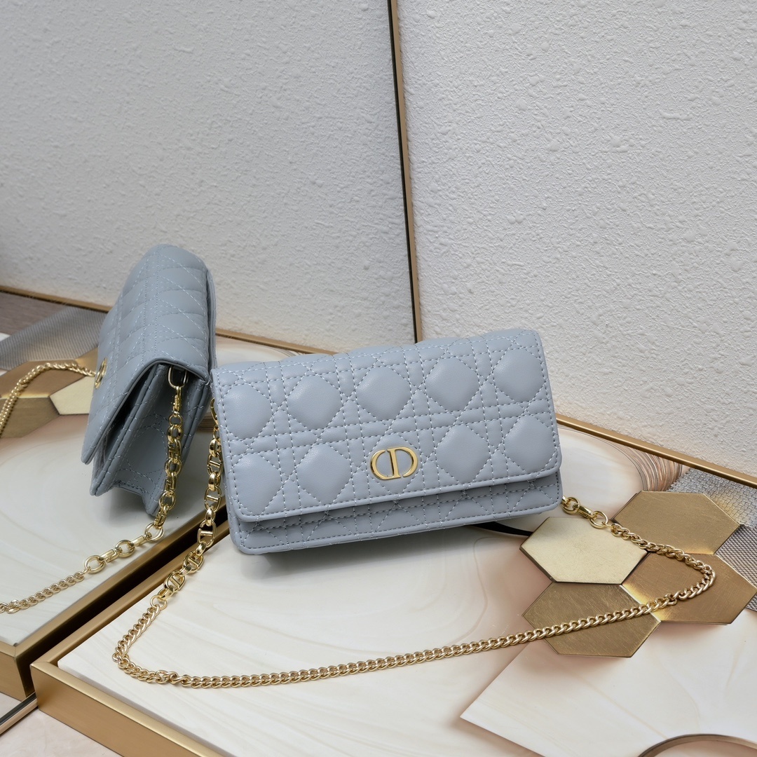 dior quilted wallet on chain - light gray, 20 x 11.5 x 3.5 cm