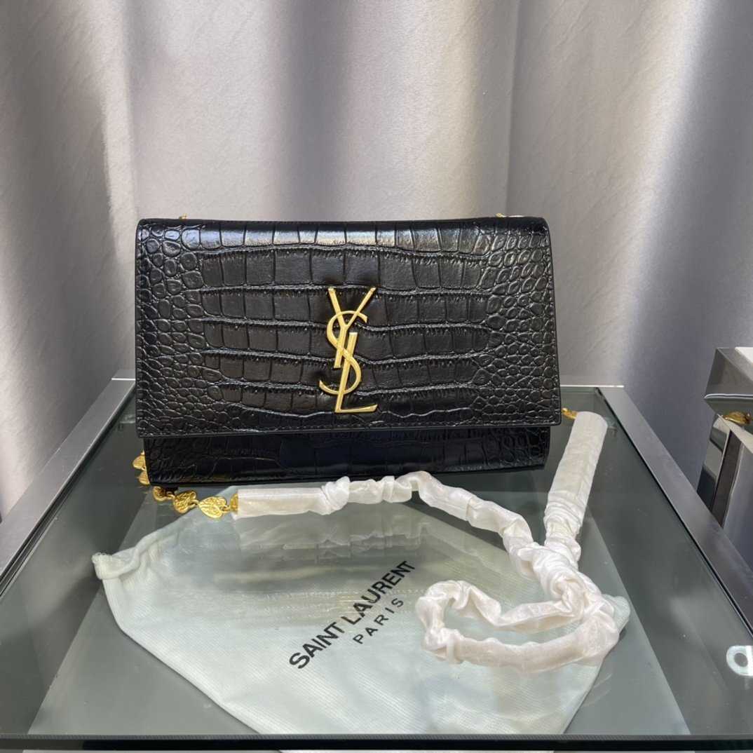 yves saint laurent black croc-embossed leather wallet