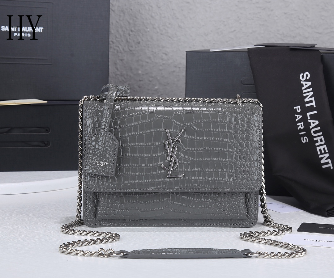 yves saint laurent croc-embossed gray leather bag - 22x16x8