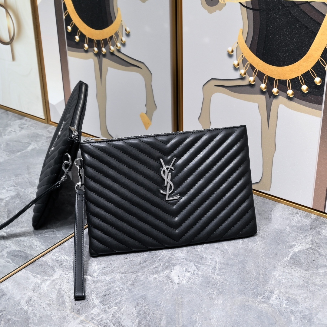 yves saint laurent black chevron clutch bag - 30cm