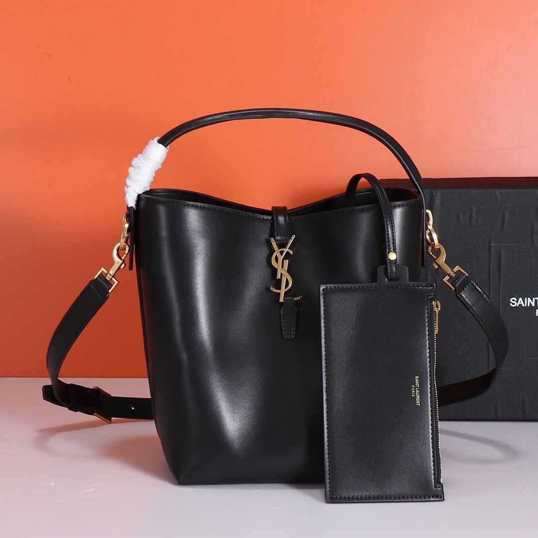 yves saint laurent black leather bucket bag with pouch