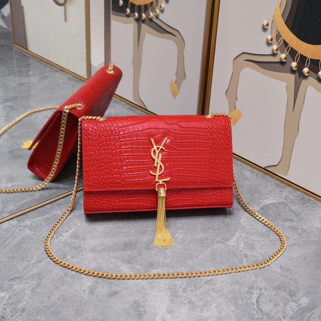 yves saint laurent red croc-embossed chain bag 24*5.5*14.5