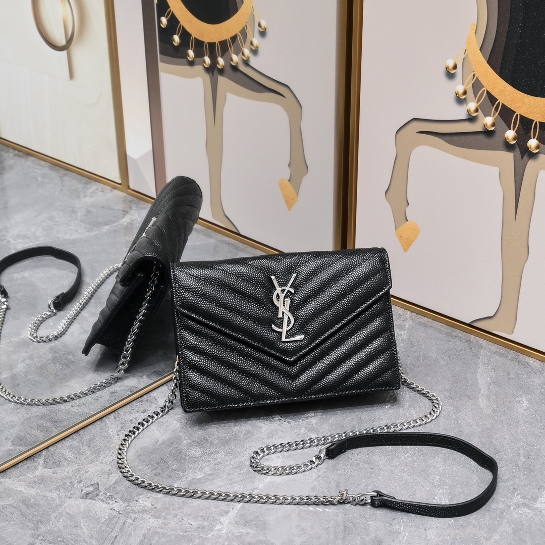 yves saint laurent black chevron wallet on chain - 20x17x6 cm