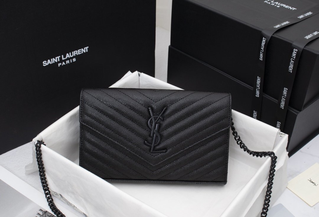 yves saint laurent black chevron wallet on chain - 22.5x14x4 cm