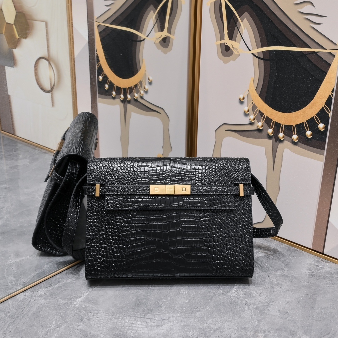yves saint laurent black crocodile-effect handbag 29x20x7.5 cm