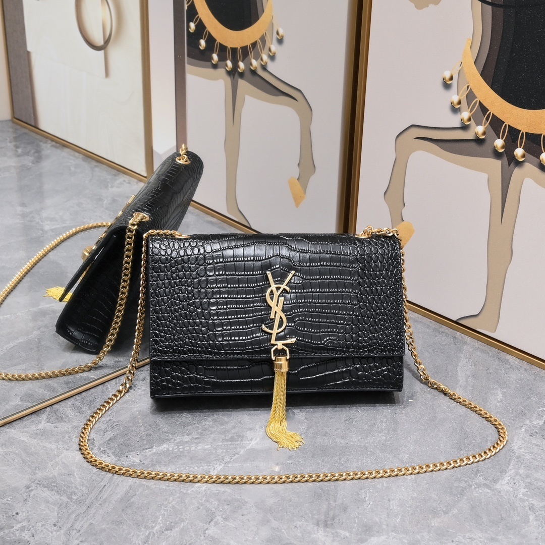 yves saint laurent black croc-embossed bag 24*5.5*14.5