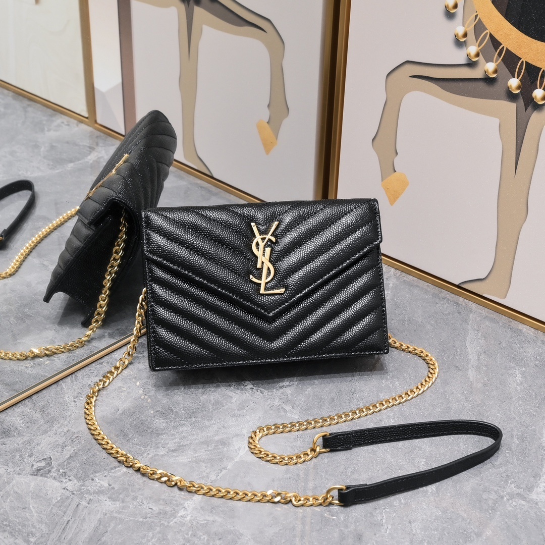 yves saint laurent black chevron wallet on chain - 20*17*6 cm