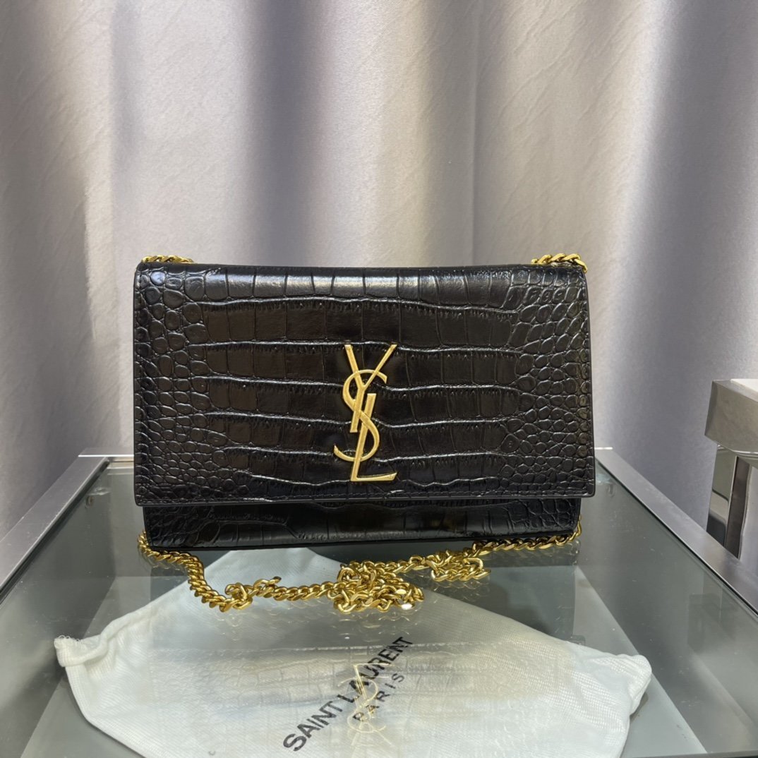 yves saint laurent black crocodile-effect wallet on chain