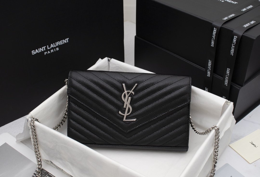 yves saint laurent black chevron wallet on chain